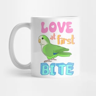 Love at first bite Green Quaker Funny Birb merch Parrot Kawaii Mug